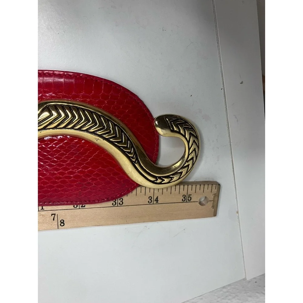 Vintage Snakeskin Belt Red Ornate Etched Gold Tone Interlocking Hook Buckle